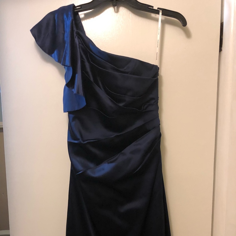 Phoebe Couture one shoulder navy dress.